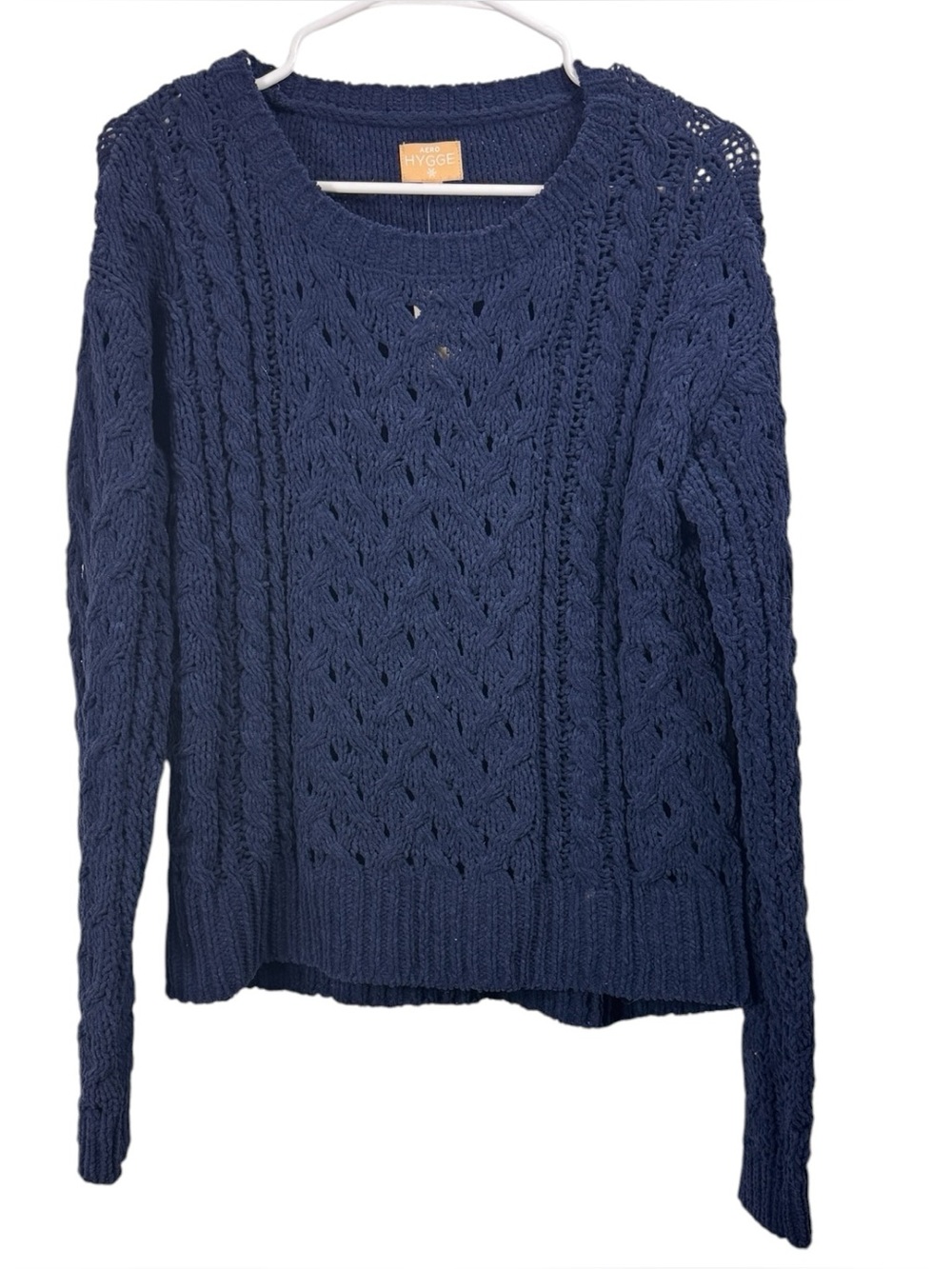 NWT Aero Hygge Size Small Navy Blue Soft Chenille Sweater Open Cable Knit
